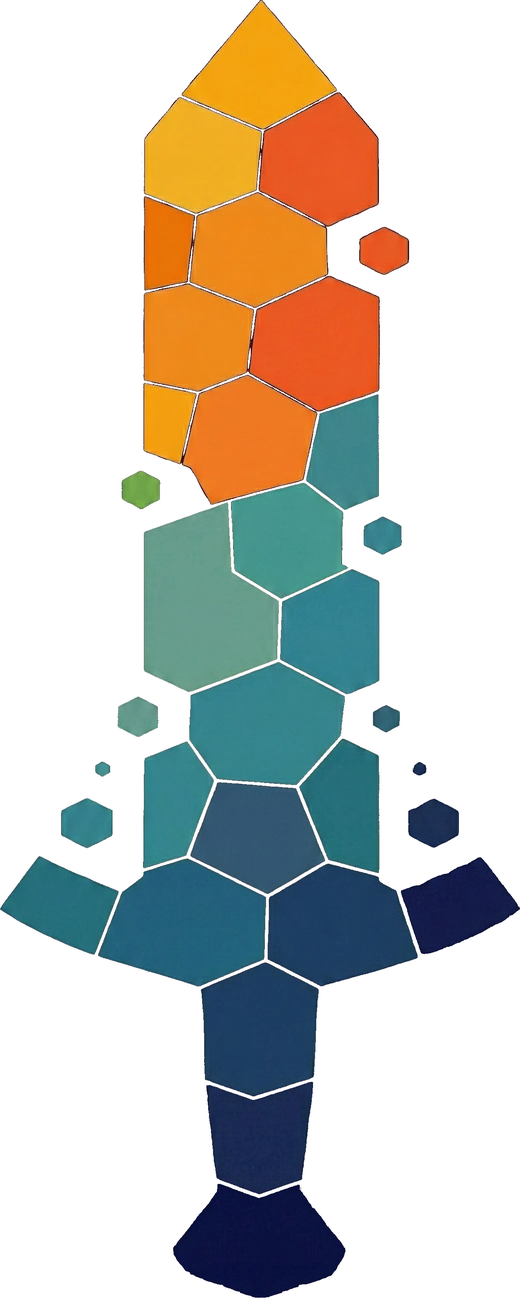 The SysForge mark: a sword made of hexagon tiles, blue at the handle and glowing orange at the tip.